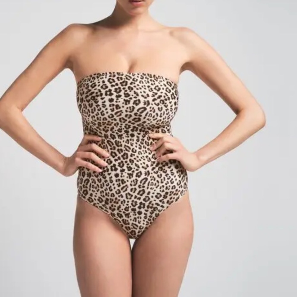 SKIMS Leopard Print Strapless One-Piece Swimsuit - Tan & Black
